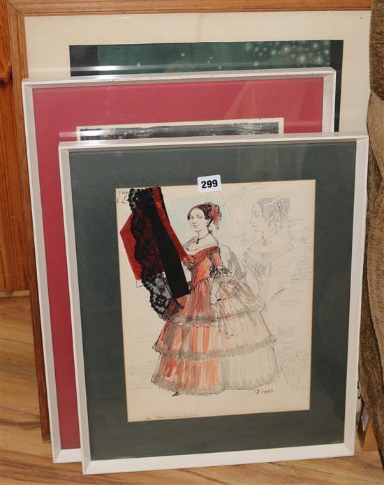 A watercolour fantasy illustration, an Italian print, Re de Ori e Bastoni and a costume design, all framed costume design 36 x 27cm